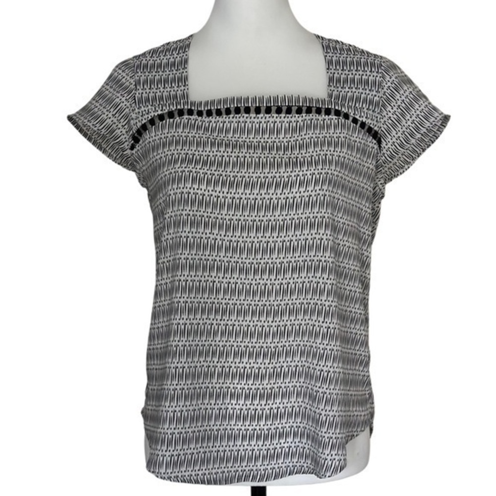 Ann Taylor Geometric Pom Pom Trim Square Neck Blouse Black White Women Small